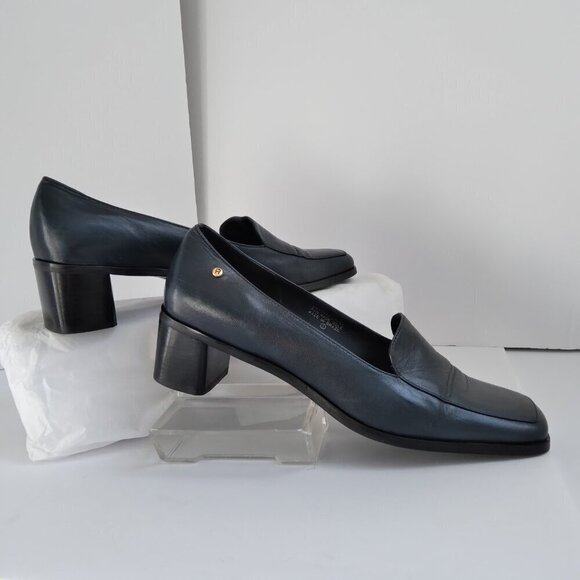 Stylish 90's Navy Leather 'Status' Slip On Square Toe Block Heel Shoes Sz 8.5 - Picture 10 of 10